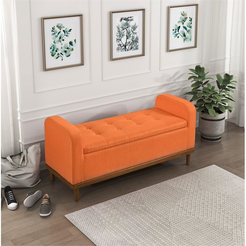 Pemberly Row Contemporary Fabric Lift Top Storage Bench in Orange