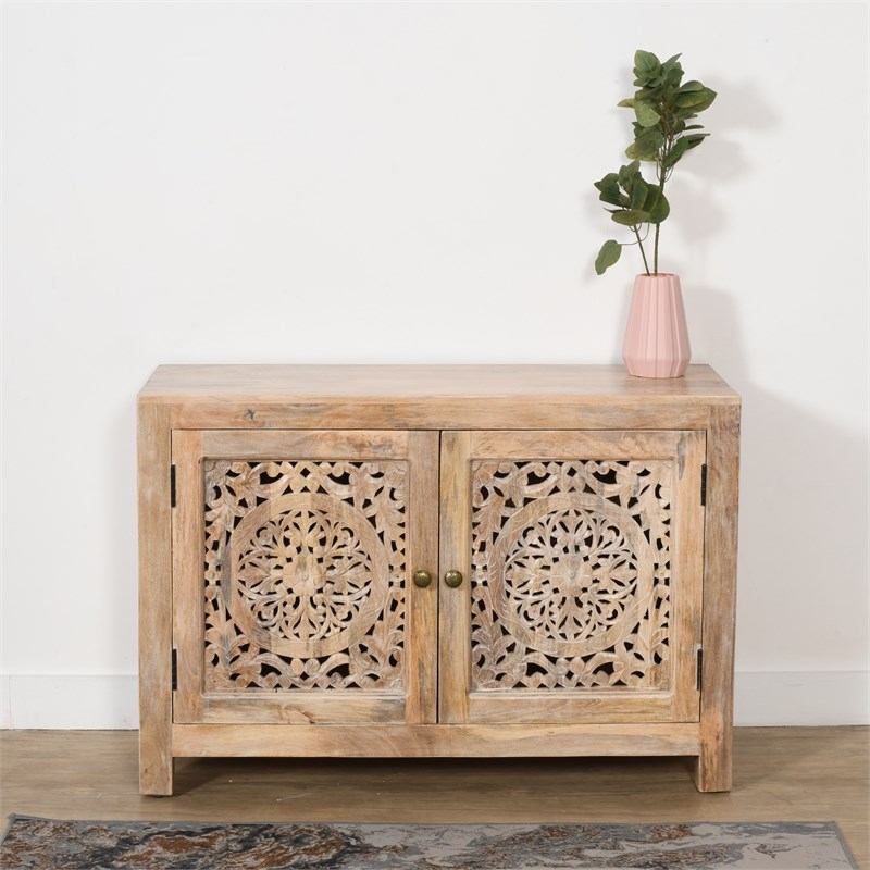 Pemberly Row 2 Door Solid Wood Accent Cabinet with Hand-Carved Doors in Natural