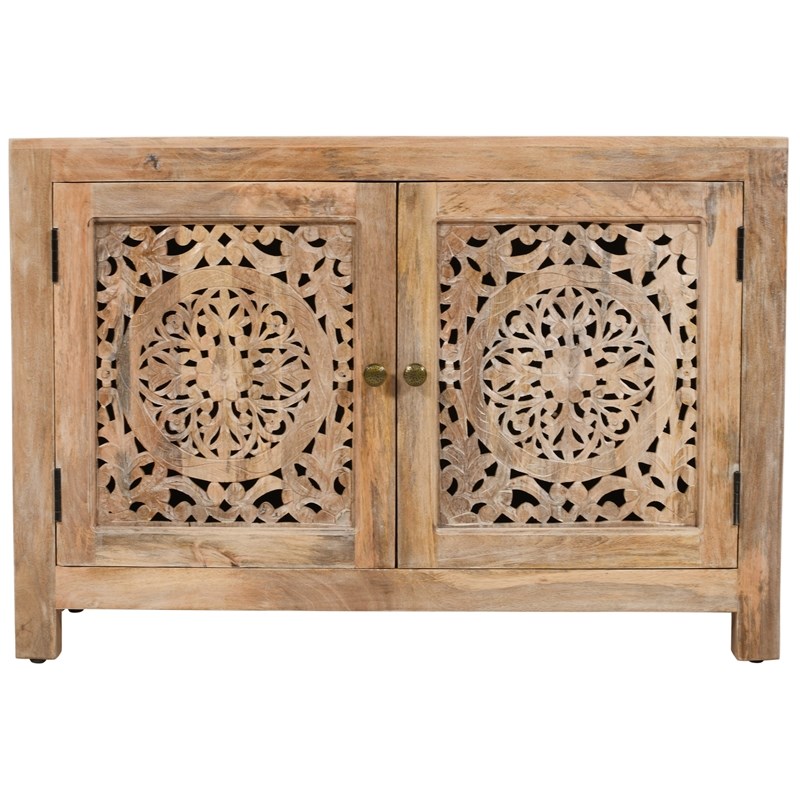 Pemberly Row 2 Door Solid Wood Accent Cabinet with Hand-Carved Doors in Natural