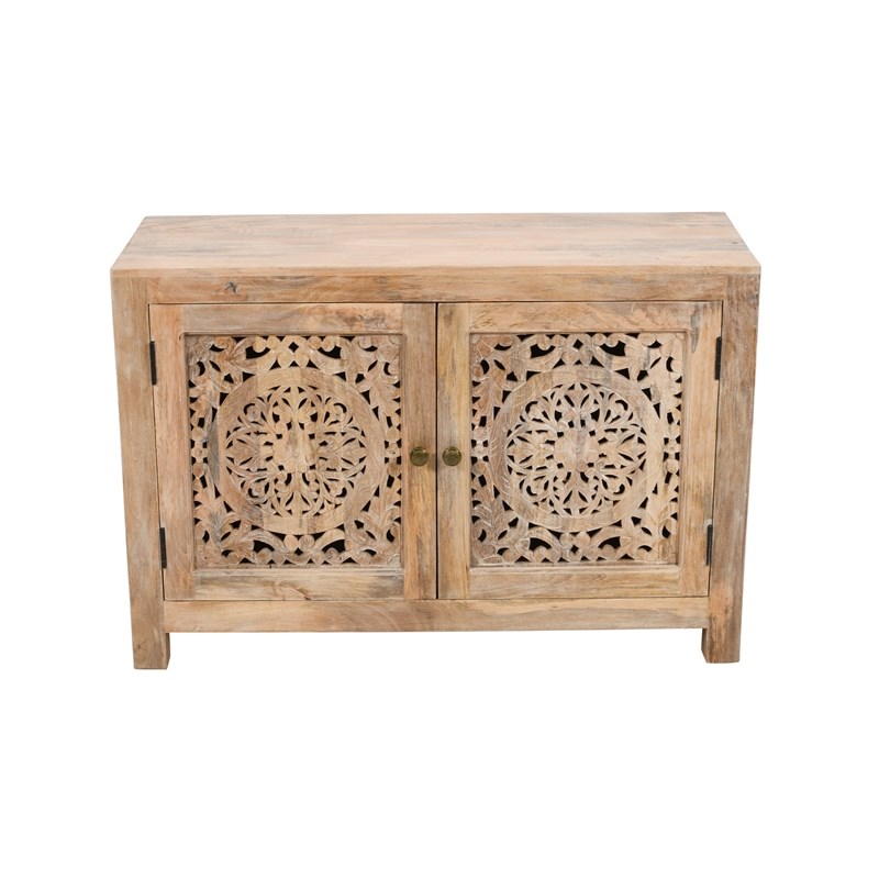 Pemberly Row 2 Door Solid Wood Accent Cabinet with Hand-Carved Doors in Natural