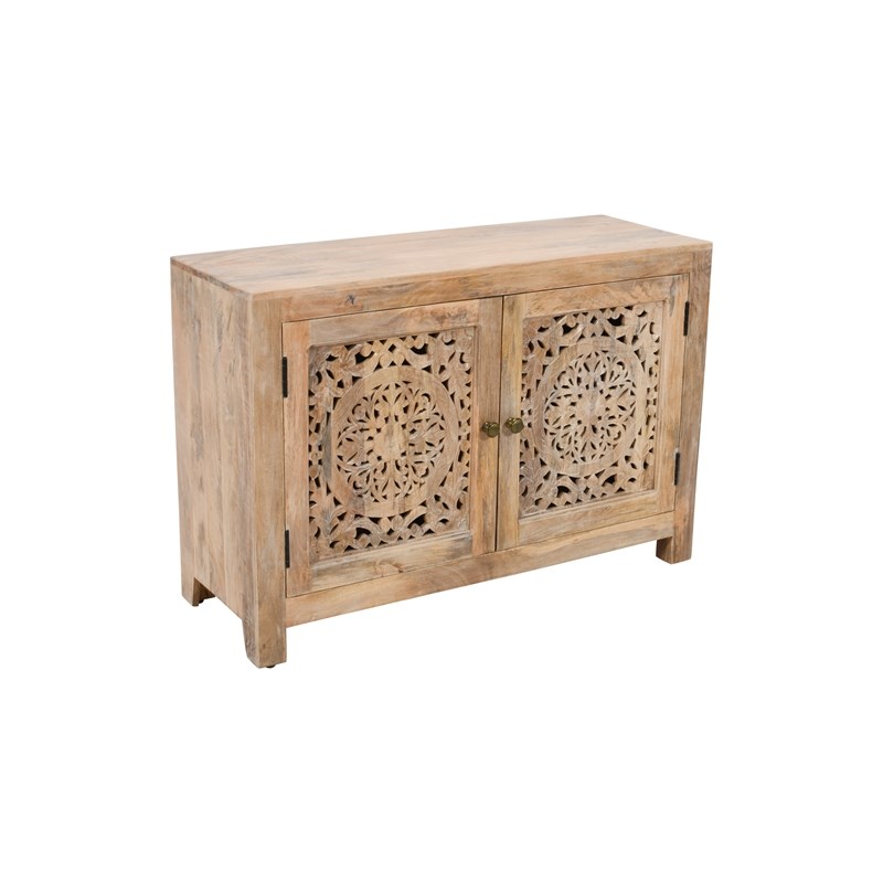 Pemberly Row 2 Door Solid Wood Accent Cabinet with Hand-Carved Doors in Natural