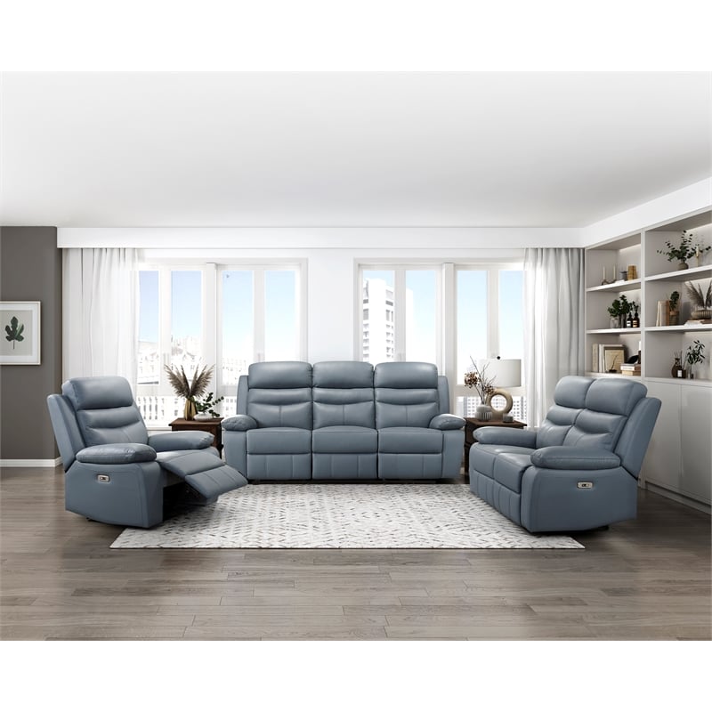 Pemberly Row Modern Leather Power Double Reclining Sofa in Blue
