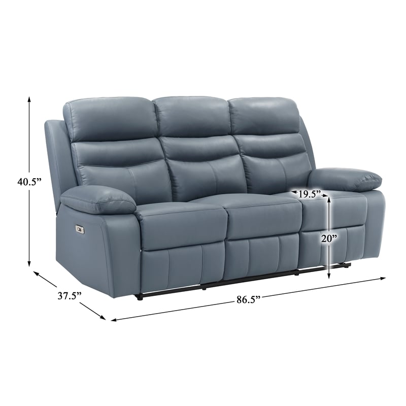 Pemberly Row Modern Leather Power Double Reclining Sofa in Blue