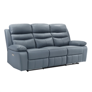 Pemberly Row Modern Leather Power Double Reclining Sofa in Blue