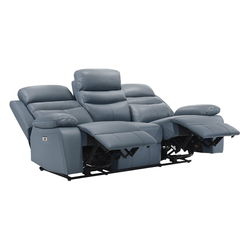 Pemberly Row Modern Leather Power Double Reclining Sofa in Blue