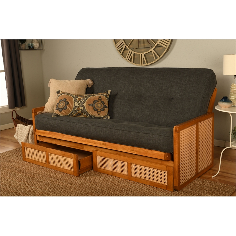 Pemberly Row Full Wood Futon Set with Storage & Charcoal Gray Mattress