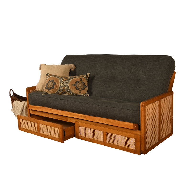 Pemberly Row Full Wood Futon Set with Storage & Charcoal Gray Mattress