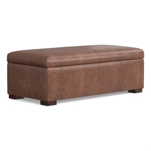 Pemberly Row 48&quotW Storage Ottoman in Saddle Brown Vegan Faux Leather