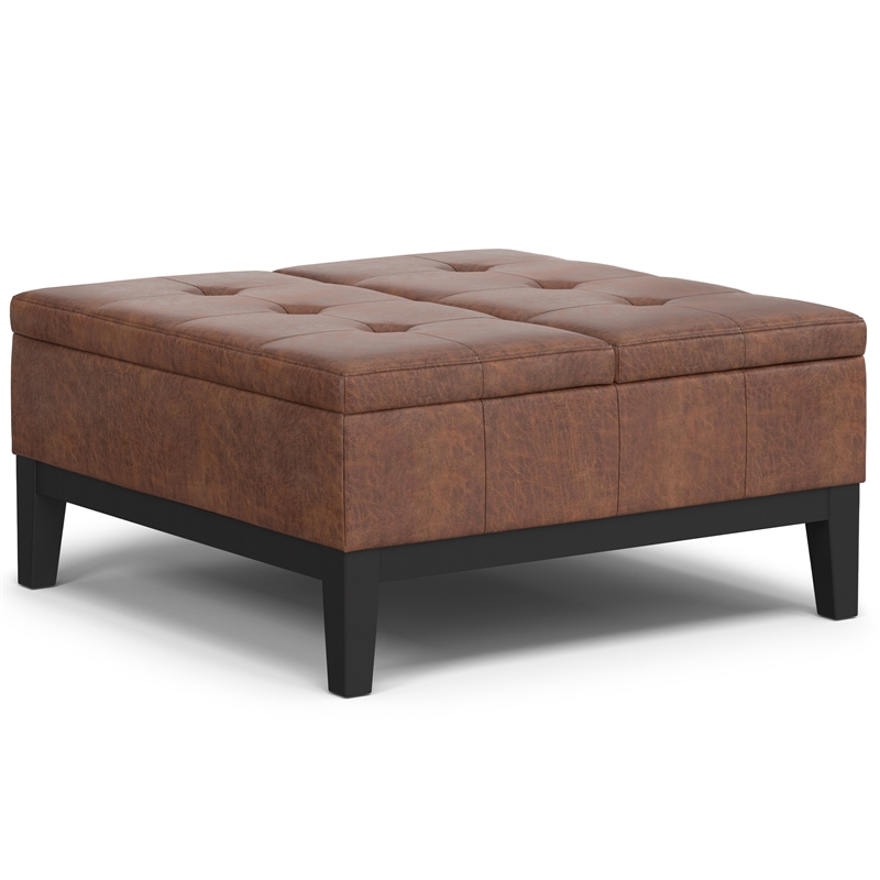 Pemberly Row Lift Top Coffee Table Storage Ottoman - Distressed Saddle Brown