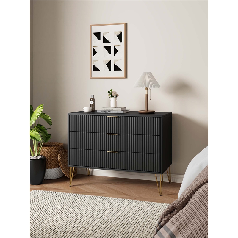 Pemberly Row Modern Engineered Wood Dresser with 3-Drawers in Black