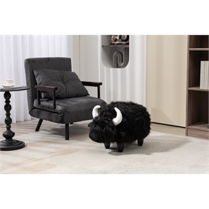 Pemberly Row Harry the Cow Storage Ottoman with Long Black Fur Wood Frame