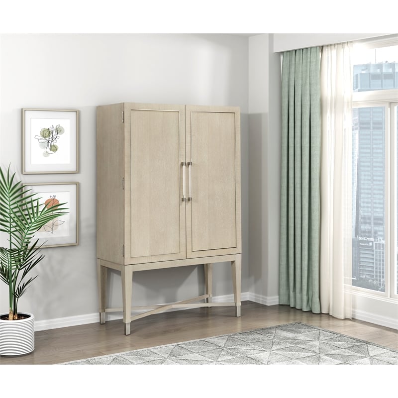 Pemberly Row Contemporary Asian Hardwood Bar Cabinet in Light oak