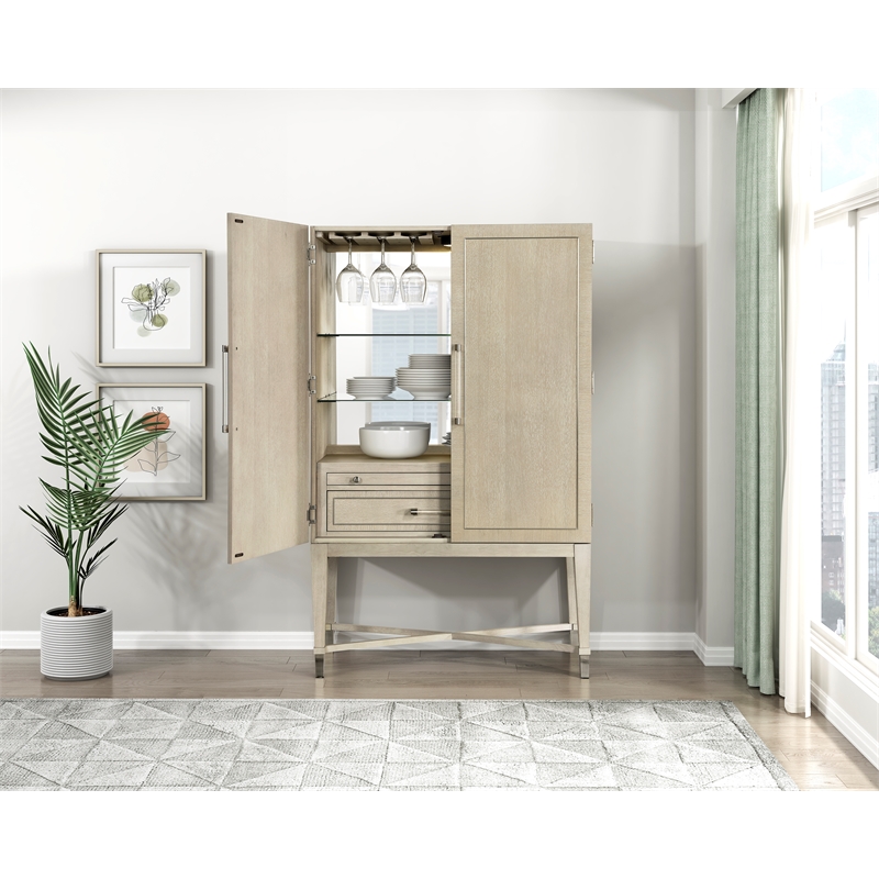 Pemberly Row Contemporary Asian Hardwood Bar Cabinet in Light oak