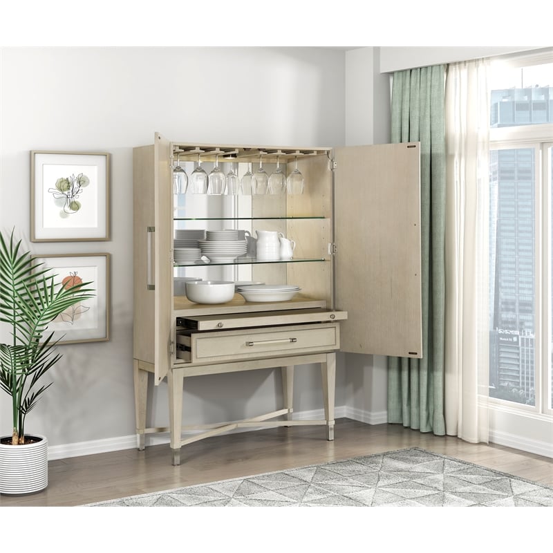 Pemberly Row Contemporary Asian Hardwood Bar Cabinet in Light oak