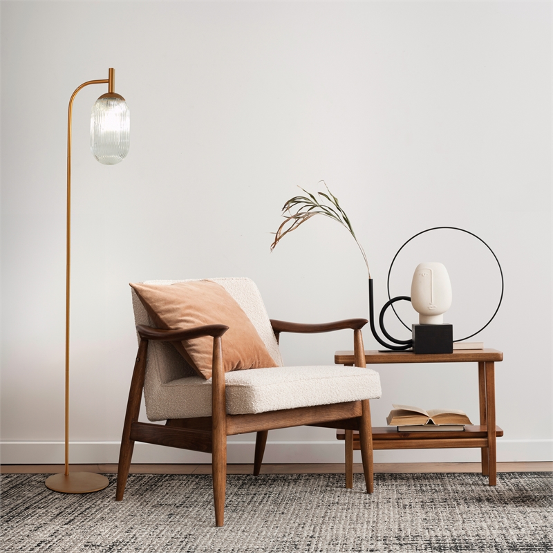 Pemberly Row Ribbed Glass Floor Lamp with Bronze Metal Arched Frame