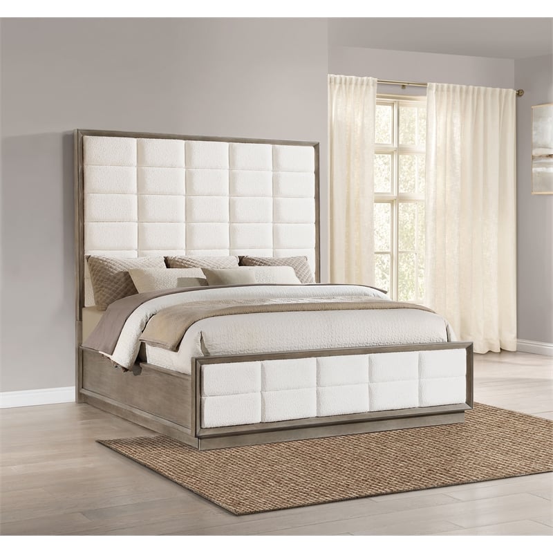 Pemberly Row Contemporary Wood Eastern King Panel Bed Taupe Oak and Cream