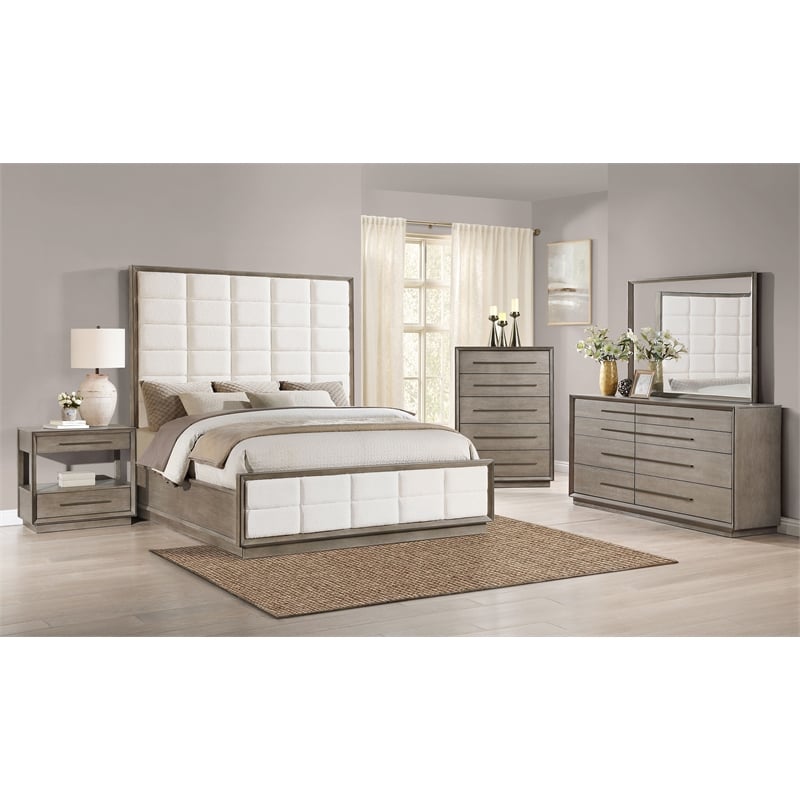 Pemberly Row Contemporary Wood Eastern King Panel Bed Taupe Oak and Cream