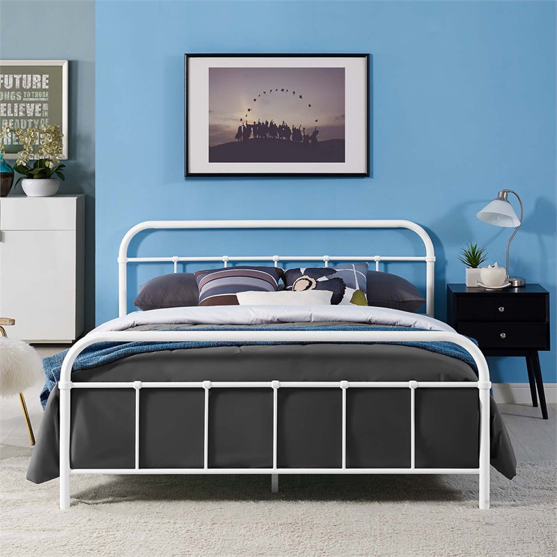 Pemberly Row Queen Powder Coated Sturdy Steel Bed Frame in White