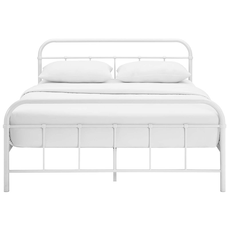 Pemberly Row Queen Powder Coated Sturdy Steel Bed Frame in White