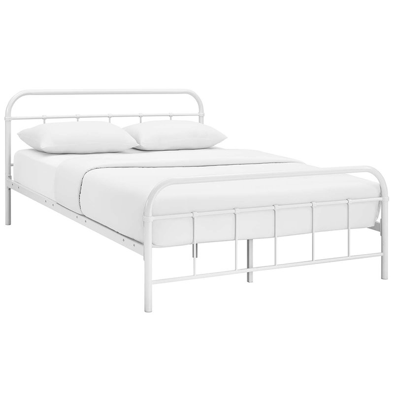 Pemberly Row Queen Powder Coated Sturdy Steel Bed Frame in White