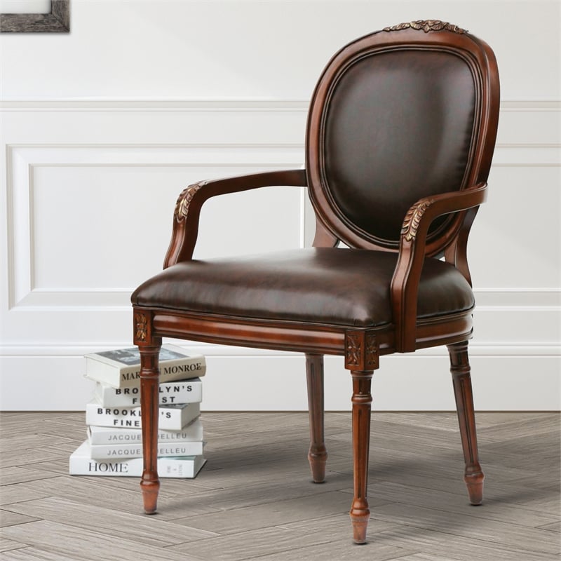 Pemberly Row Bonded Leather Cherry Finish Solid Wood Accent Chair