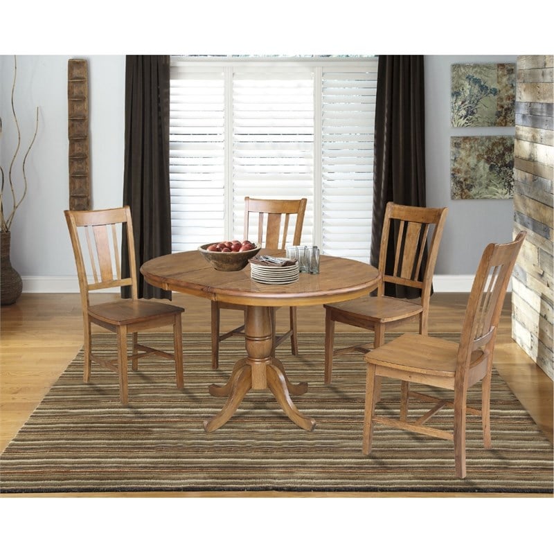 Pemberly Row Solid Wood Extendable Dining Table and 4 Chairs in Pecan