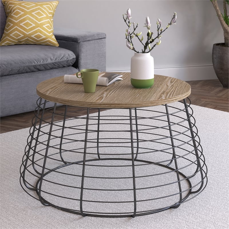 Pemberly Row Modern Metal and Wood Top Round Coffee Table in Black