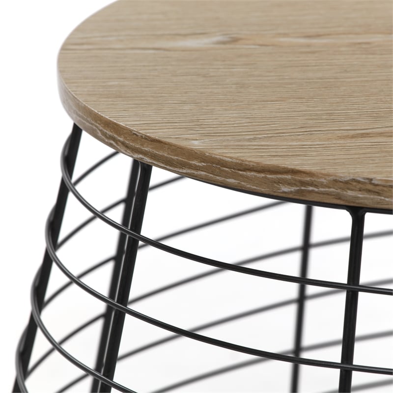 Pemberly Row Modern Metal and Wood Top Round Coffee Table in Black