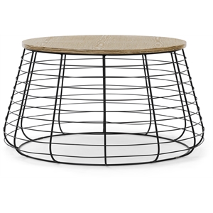 Pemberly Row Modern Metal and Wood Top Round Coffee Table in Black
