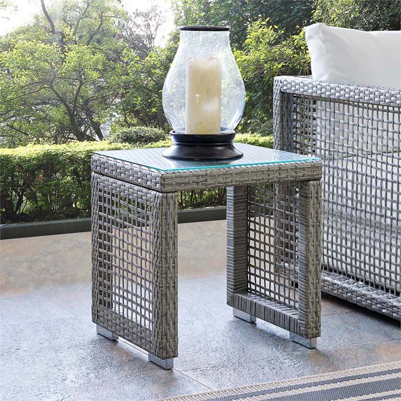 Pemberly Row Rattan & Glass Top Patio End Table in Gray Finish