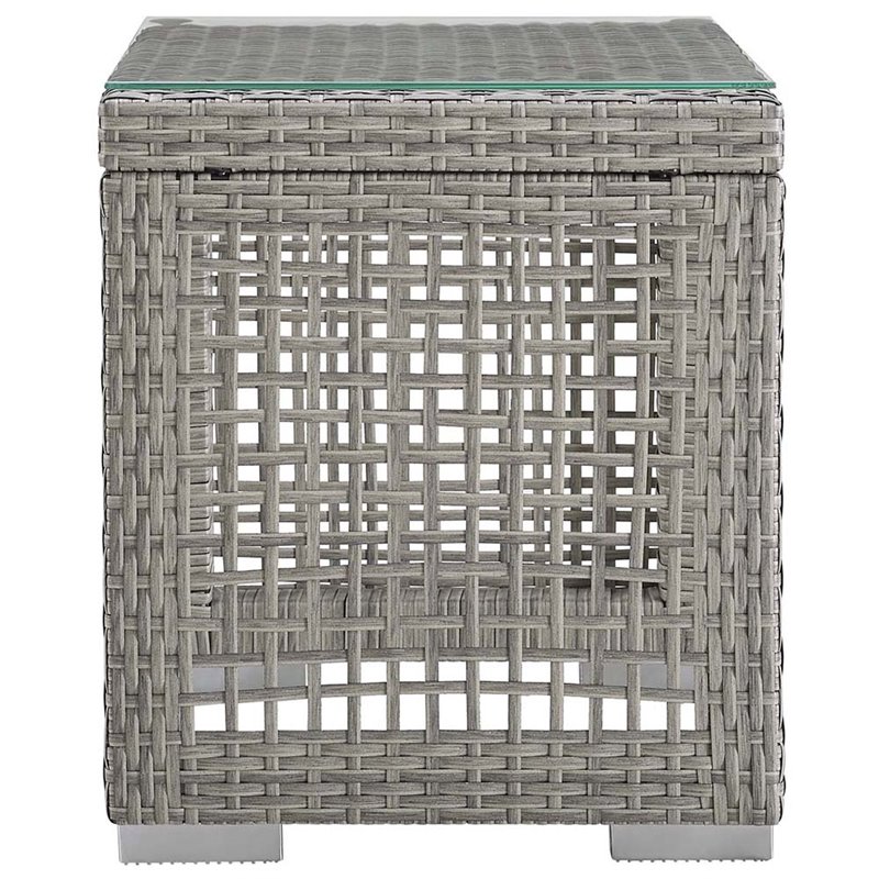 Pemberly Row Rattan & Glass Top Patio End Table in Gray Finish