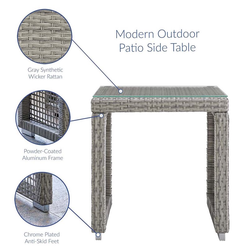 Pemberly Row Rattan & Glass Top Patio End Table in Gray Finish