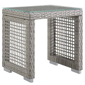 Pemberly Row Rattan & Glass Top Patio End Table in Gray Finish
