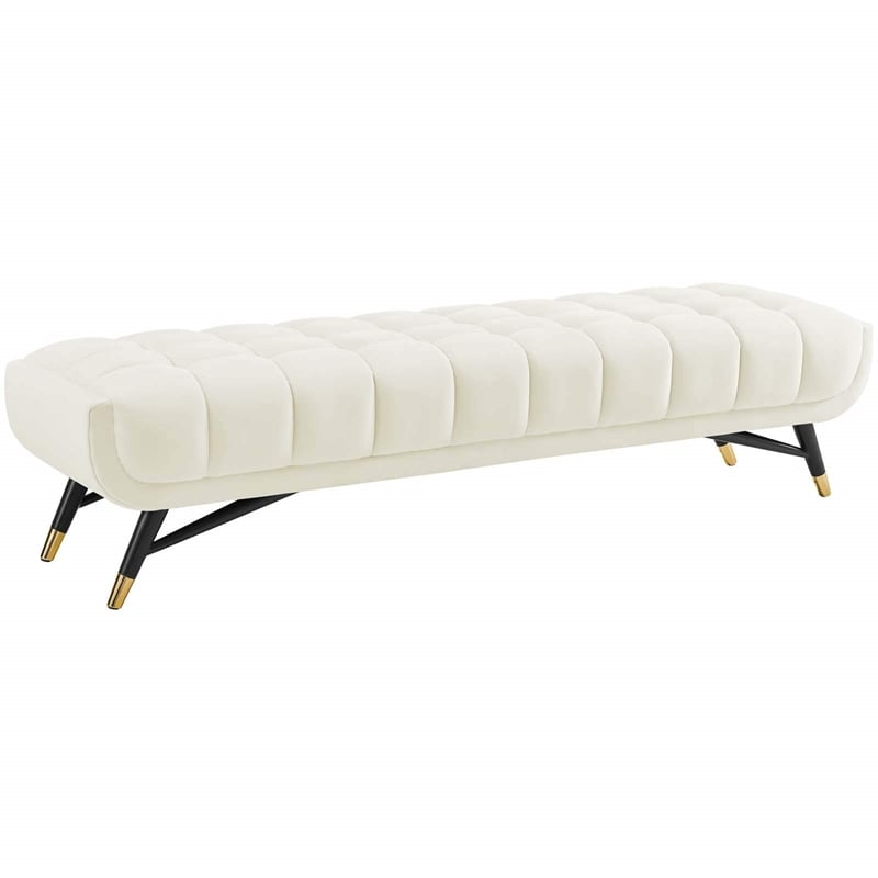 Pemberly Row Tufted Performance Velvet Bench in Ivory and Black