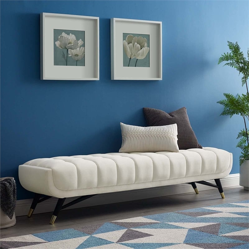 Pemberly Row Tufted Performance Velvet Bench in Ivory and Black