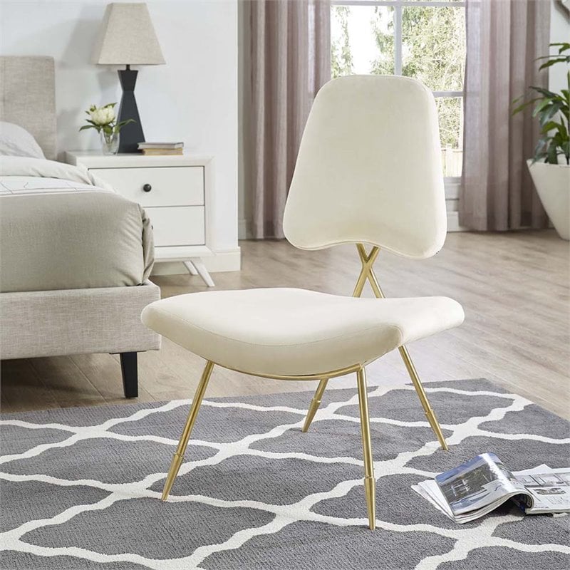 Pemberly Row Performance Velvet Lounge Chair in Ivory and Gold