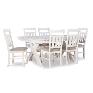 Pemberly Row 7 Piece Wood Dining Set X-Frame Padded Seats in Distressed White