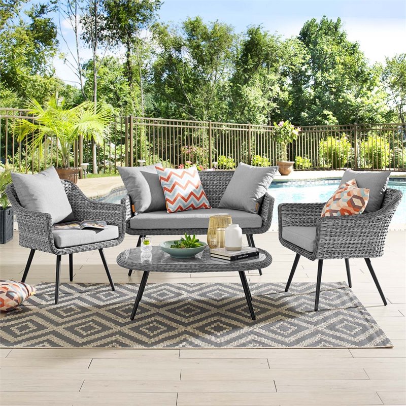 Pemberly Row 4-Piece Wicker Rattan Patio Loveseat Set in Gray