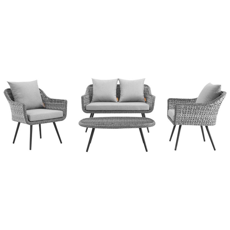 Pemberly Row 4-Piece Wicker Rattan Patio Loveseat Set in Gray
