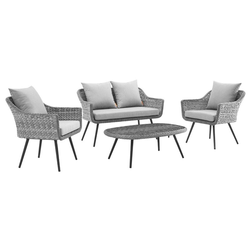 Pemberly Row 4-Piece Wicker Rattan Patio Loveseat Set in Gray