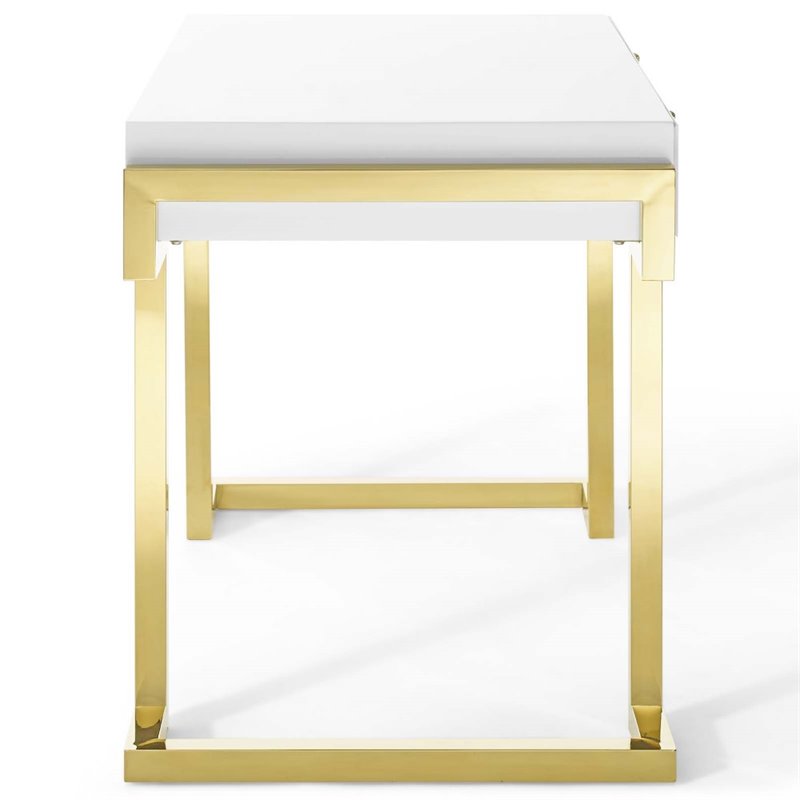 Pemberly Row Modern Stainless Steel Office Writing Desk in Gold/White