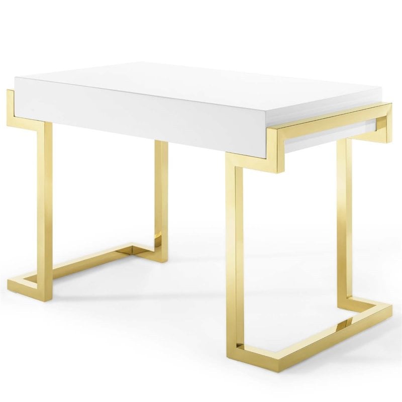 Pemberly Row Modern Stainless Steel Office Writing Desk in Gold/White