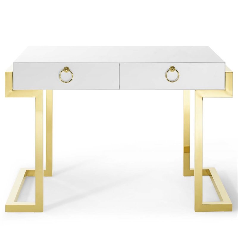 Pemberly Row Modern Stainless Steel Office Writing Desk in Gold/White