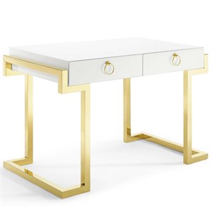 Pemberly Row Modern Stainless Steel Office Writing Desk in Gold/White