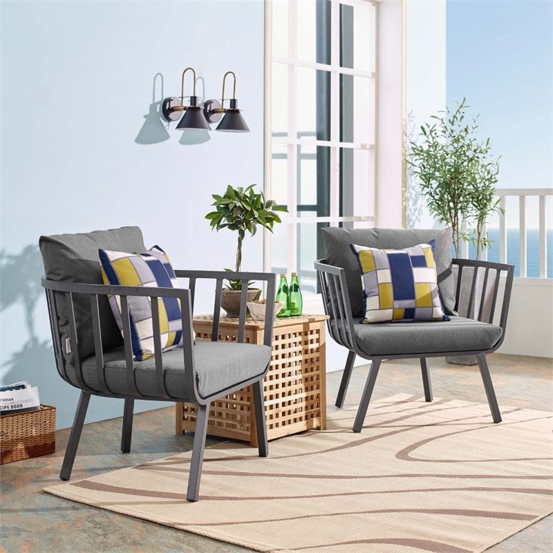 Pemberly Row Modern Fabric Outdoor Armchair in Slate/Charcoal (Set of 2)