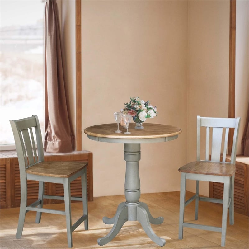 Pemberly Row Wood Distressed Hickory/Stone Counter Height Table With 2 Stools