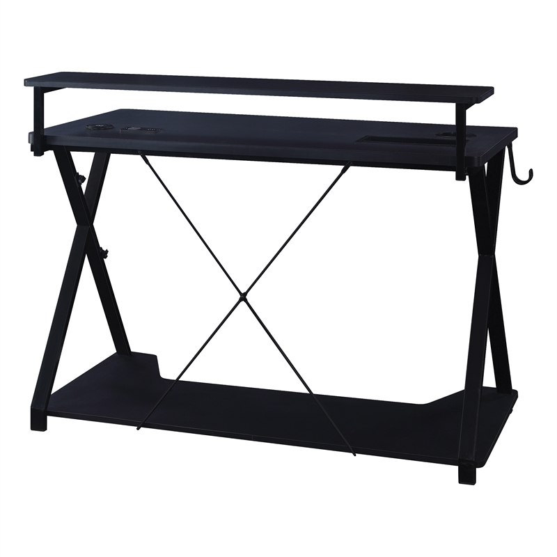Pemberly Row Black and Carbon Gaming Desk with RGB LED Lights