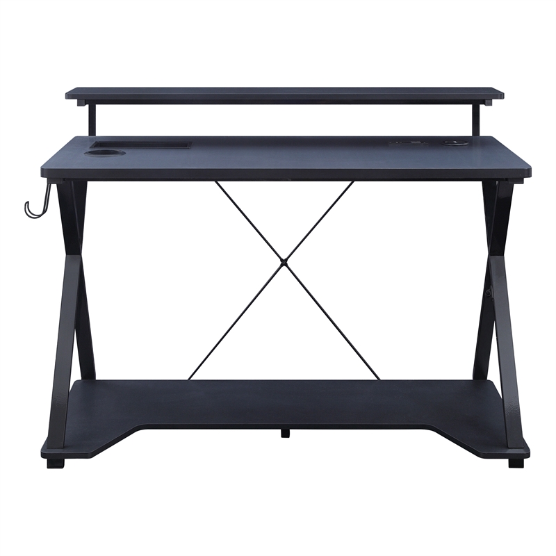 Pemberly Row Black and Carbon Gaming Desk with RGB LED Lights