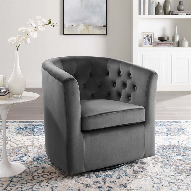 Pemberly Row Tufted Performance Velvet Swivel Armchair in Charcoal