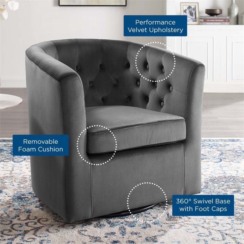 Pemberly Row Tufted Performance Velvet Swivel Armchair in Charcoal